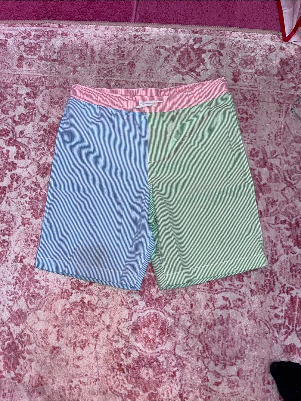 Lands' End Kids' Seersucker Colorblock Swim Trunks - Orange, Blue & Green